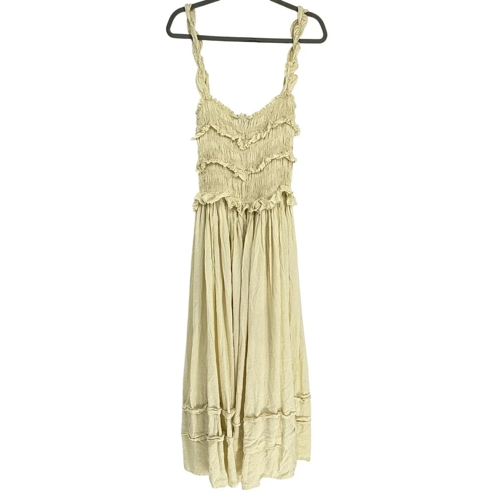 Esthe Pale Yellow Smocked Ruffle Maxi Dress Linen Blend Size S Greece $198 - Picture 8 of 8